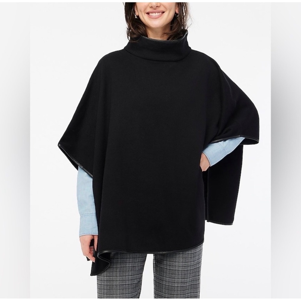 J.Crew Faux Leather Trimmed Poncho Women One Size Black Mock Neck Minimalist